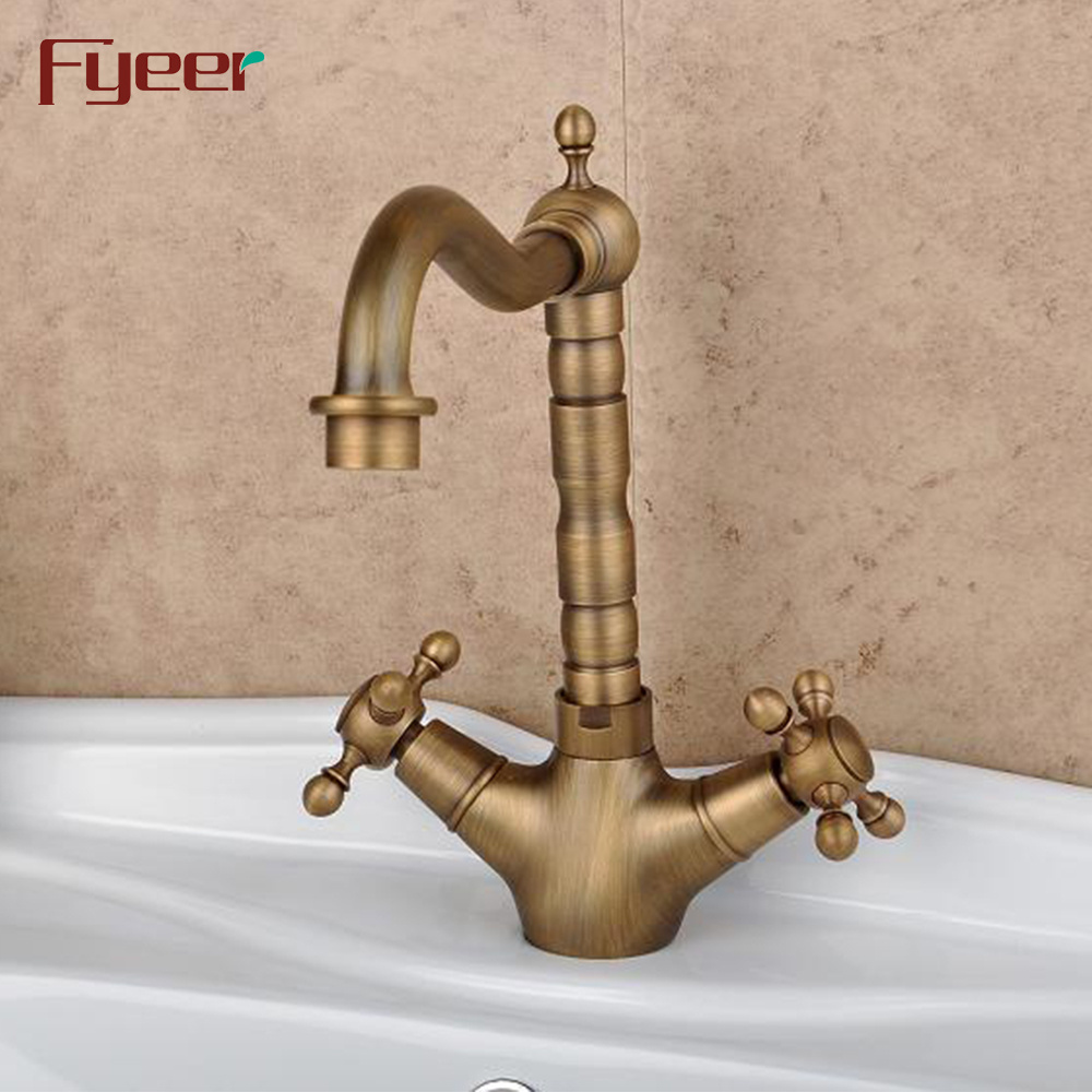 Fyeer Vintage Style Antique Bronze Basin Faucet with Double Cross Handle