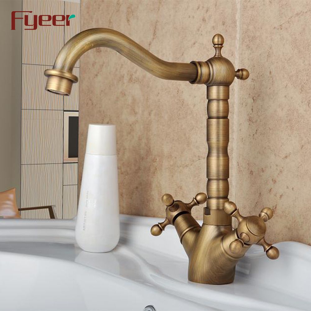 Fyeer Vintage Style Antique Bronze Basin Faucet with Double Cross Handle