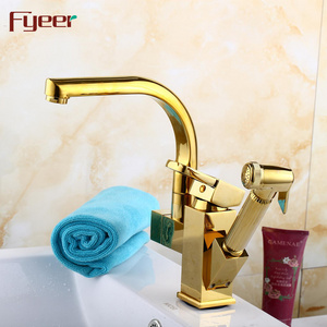 Fyeer New Golden Double Spray Pull Out Kitchen Faucet with Pre Rinse Spray