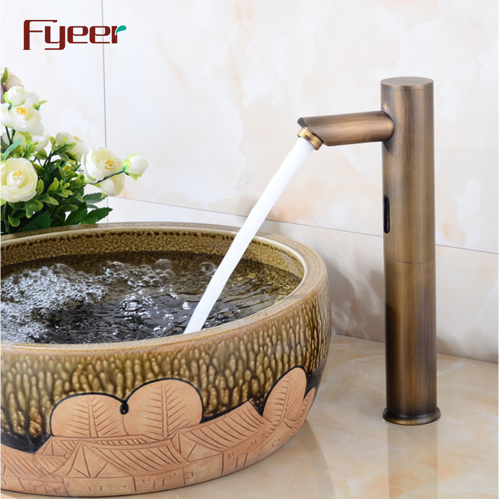 Fyeer Antique Brass Tall Body Motion Sensor Bathroom Touchless Automatic Faucet