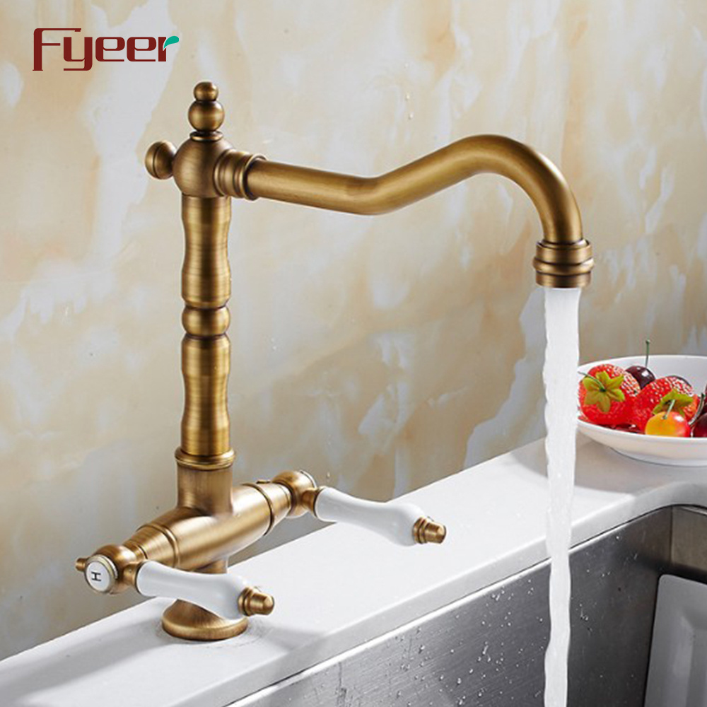 Fyeer Vintage Style Antique Brass Kitchen Sink Faucet with Double Ceramic Handle