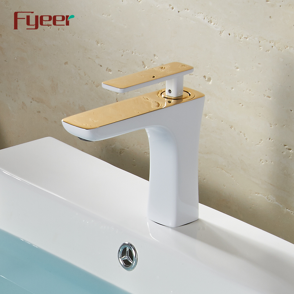 Fyeer White Painted Gold Spout Bathroom Basin Water Faucet