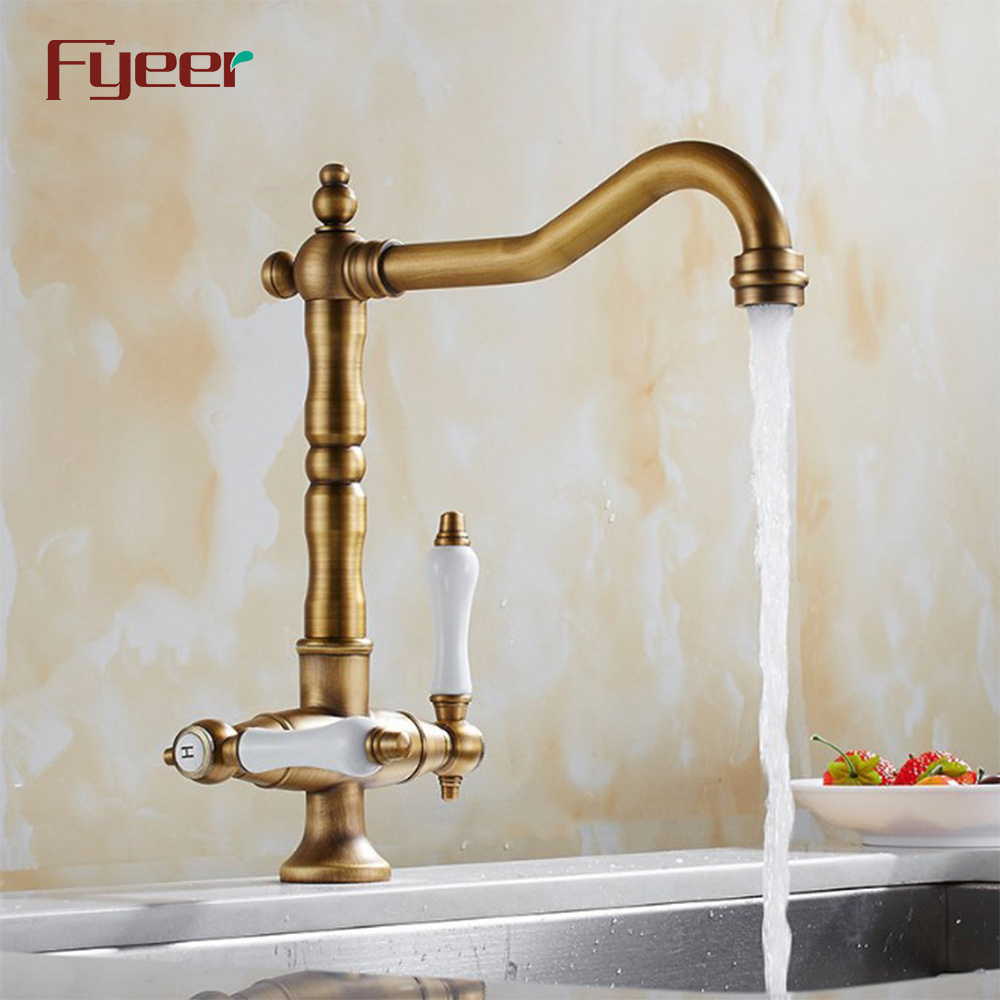 Fyeer Vintage Style Antique Brass Kitchen Sink Faucet with Double Ceramic Handle