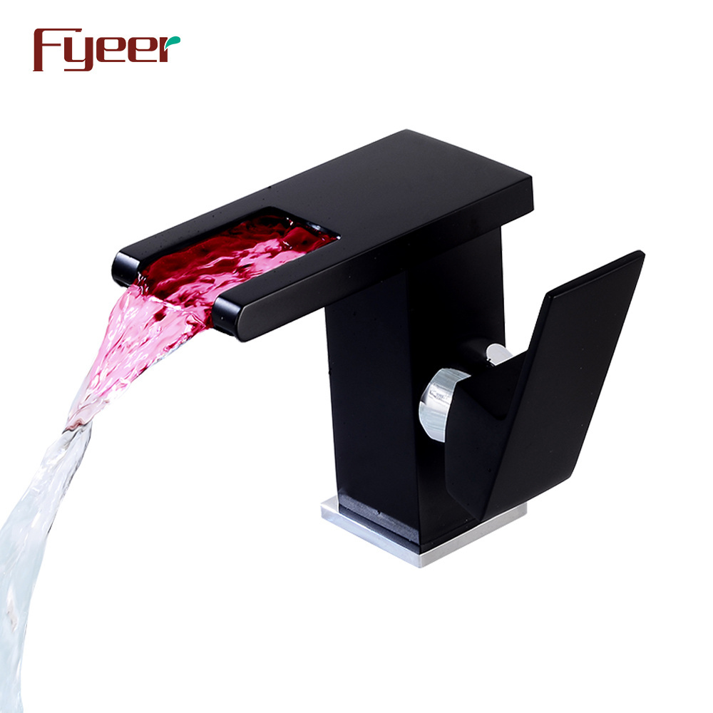 Fyeer Black Color Temperature Sensor Hydro Power Cold and Hot Water Bathroom Waterfall Led Faucet