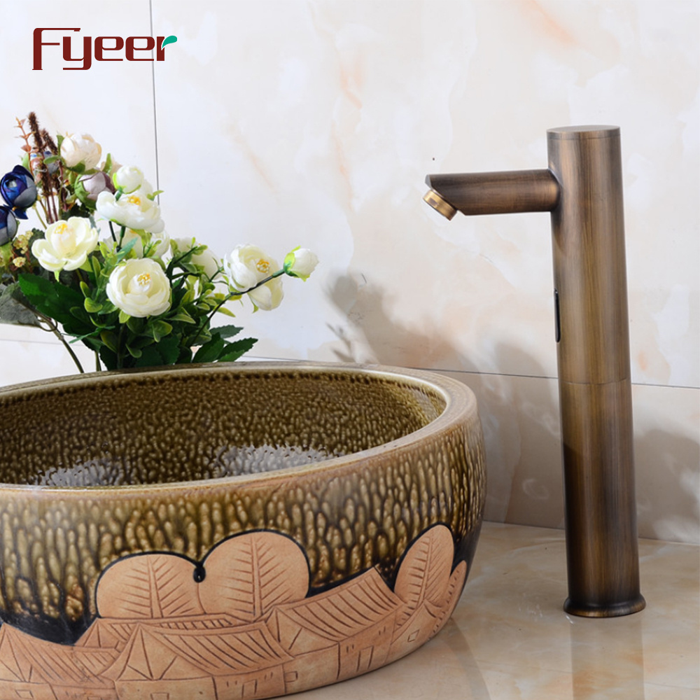 Fyeer Antique Brass Tall Body Motion Sensor Bathroom Touchless Automatic Faucet