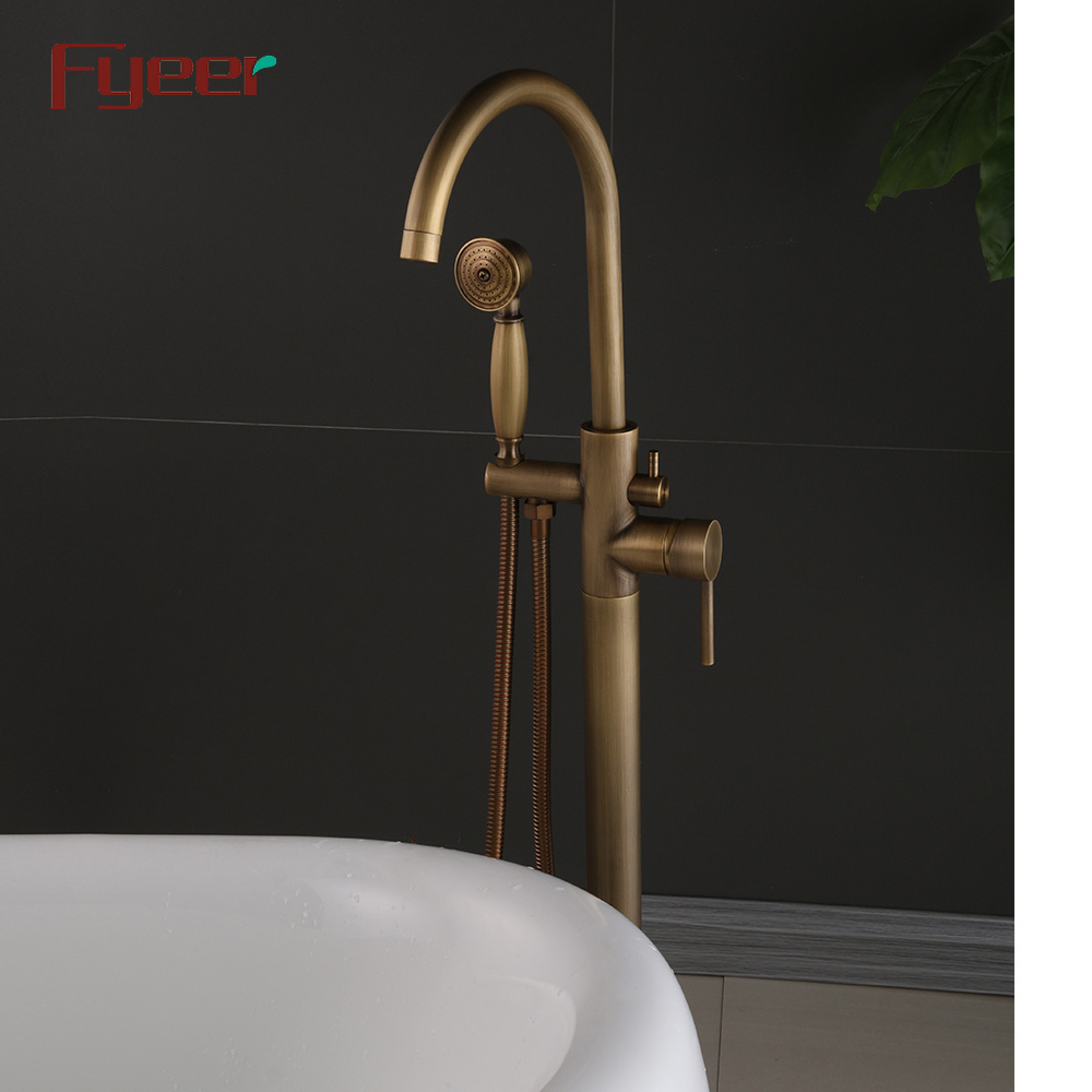 Fyeer Antique Brass Floor Mounted Bathtub Faucet with Hand Shower