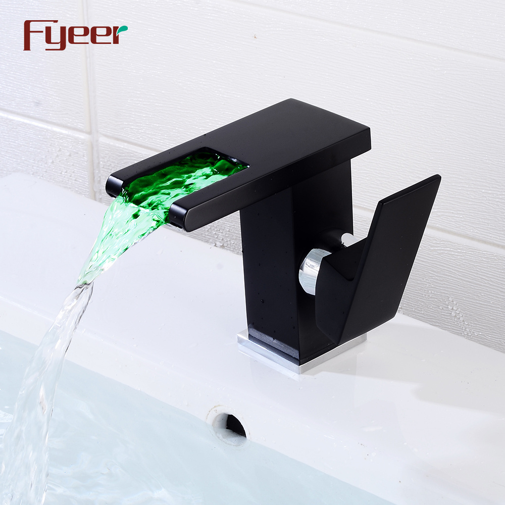 Fyeer Black Color Temperature Sensor Hydro Power Cold and Hot Water Bathroom Waterfall Led Faucet