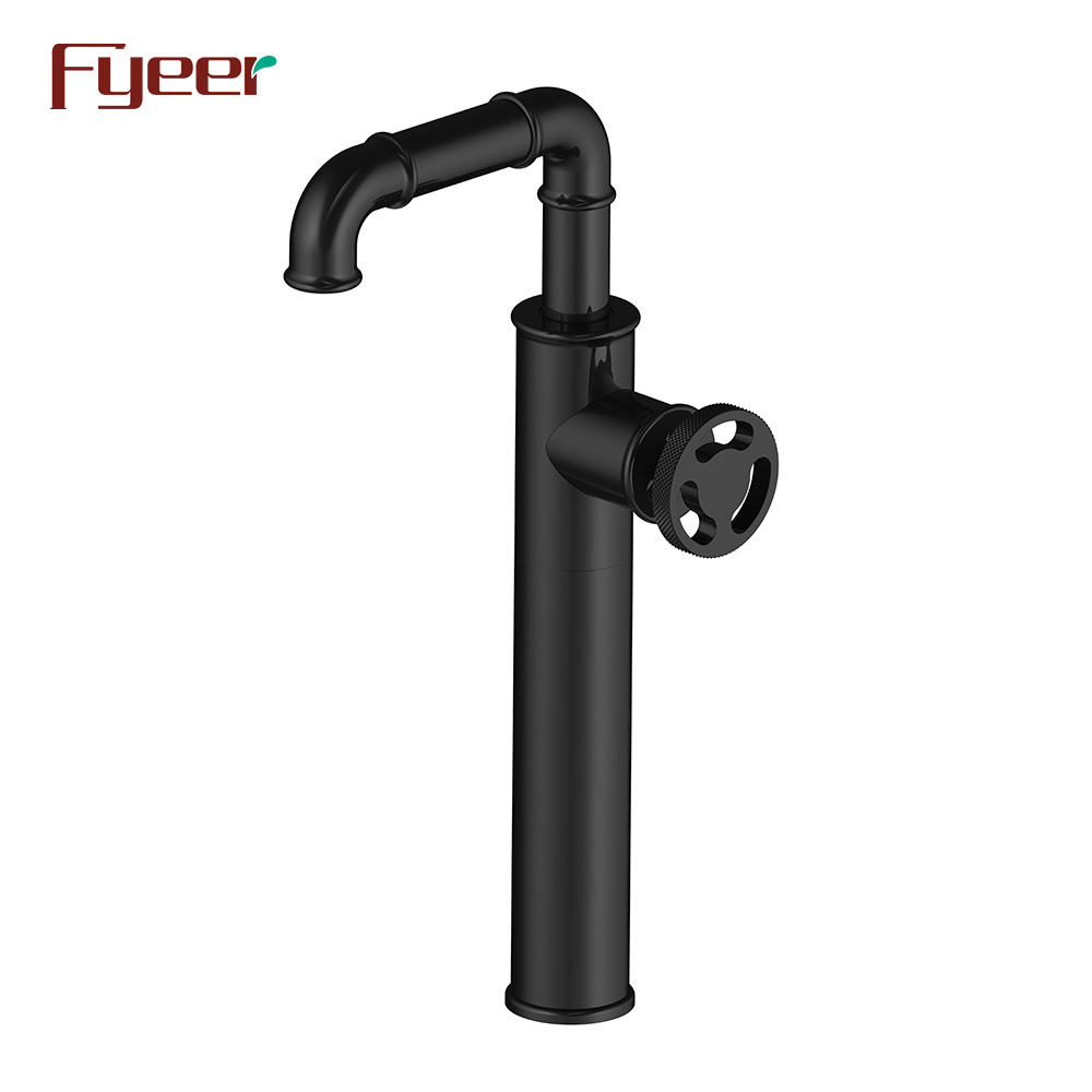 Fyeer Industrial Style Round Wheel Handle Solid Brass Basin Faucet in Black