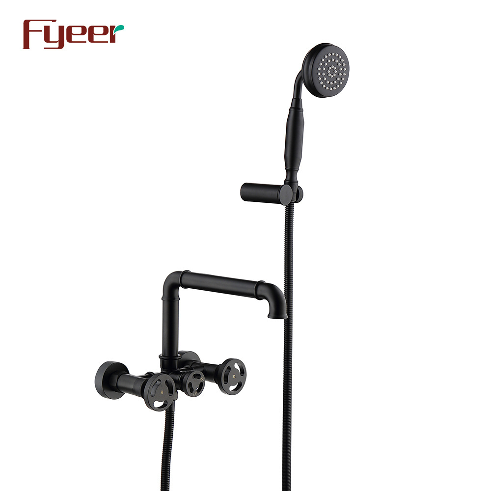 Fyeer Double Handle Black Wall Mounted Bathtub Faucet with Hand Shower