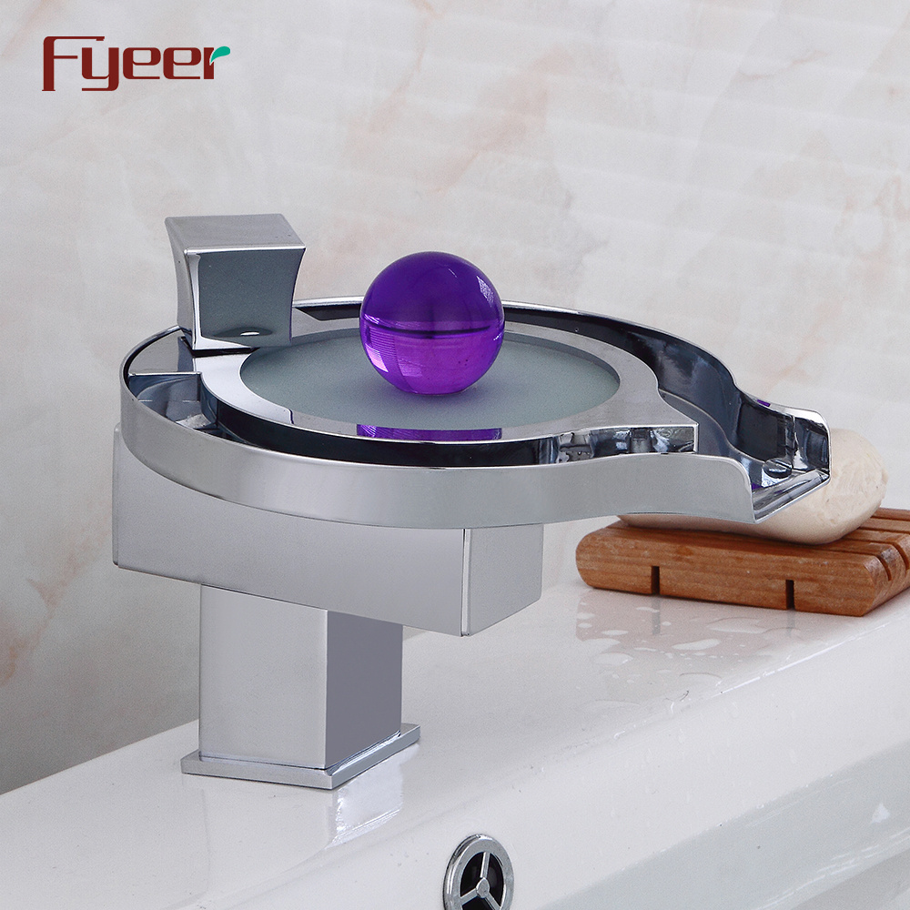 Fyeer Hot Sale Modern 3 Color Led Faucet Hydro Power Waterfall Solid Brass Basin Faucet