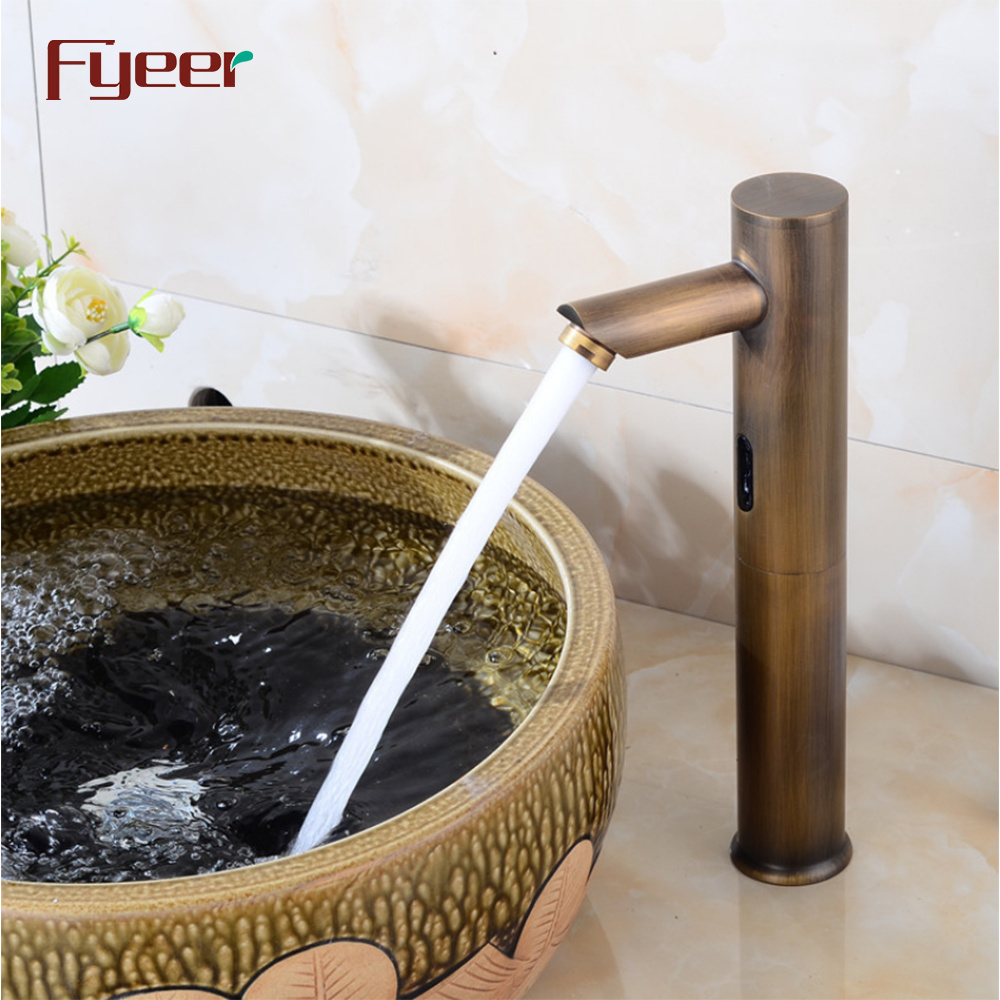 Fyeer Antique Brass Tall Body Motion Sensor Bathroom Touchless Automatic Faucet