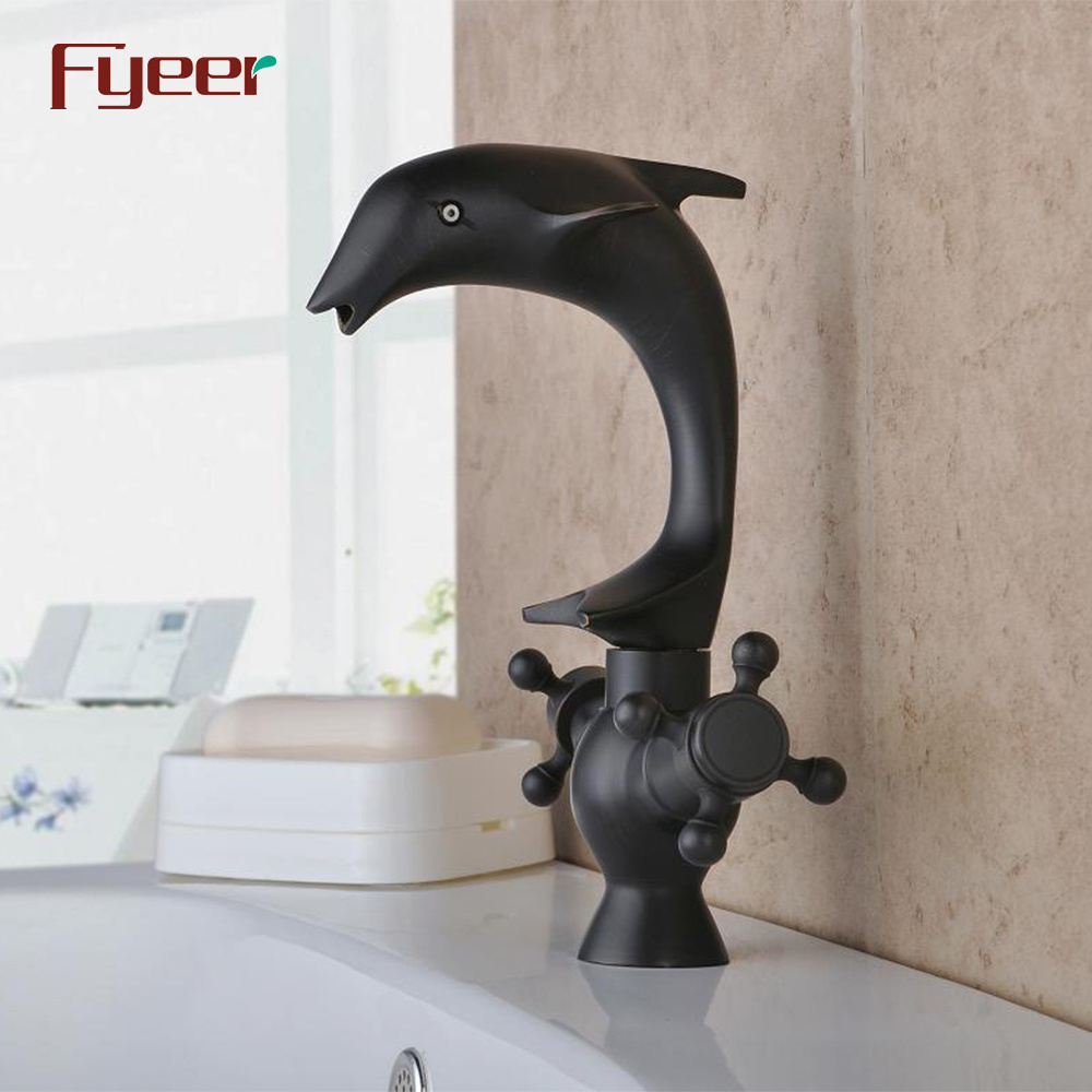 Fyeer Dual Cross Handle Dolphin Shape Bathroom Black Basin Dolphin Faucet