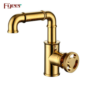 Fyeer Industrial Style Round Wheel Handle Gold Plated Basin Faucet