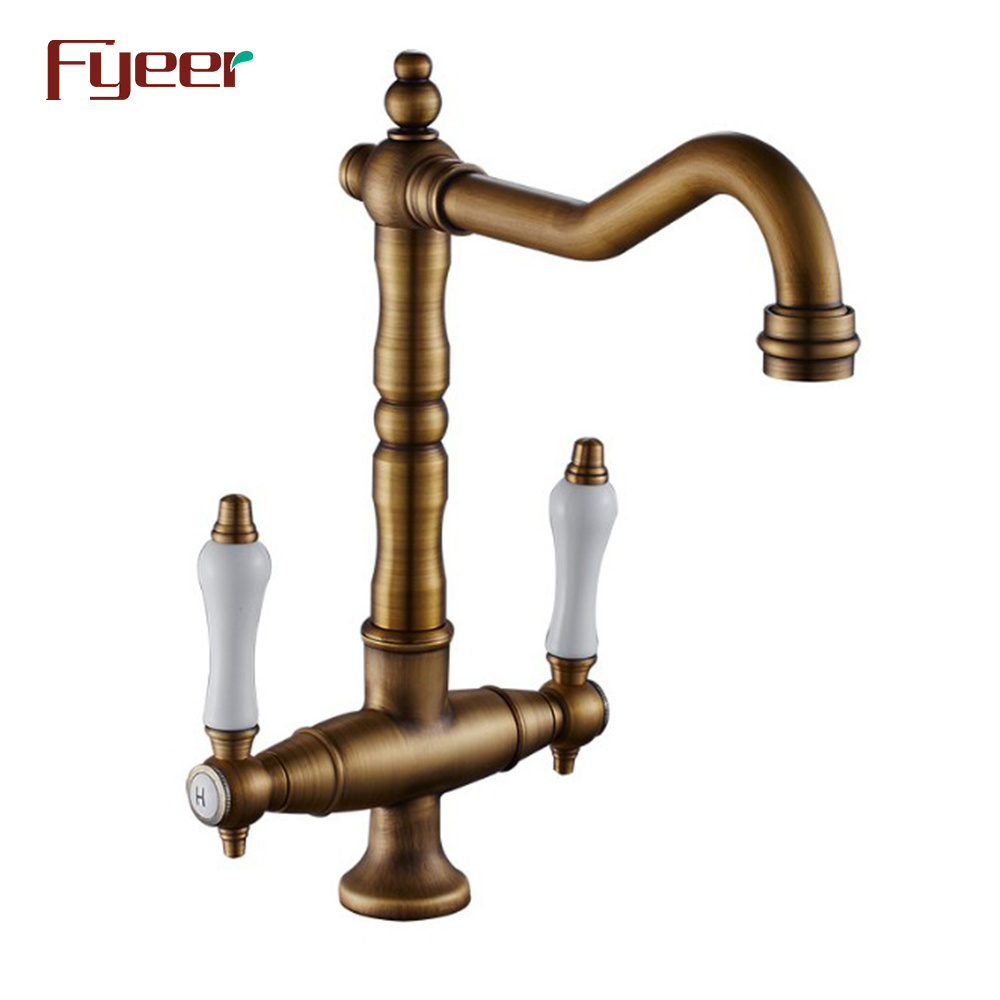 Fyeer Vintage Style Antique Brass Kitchen Sink Faucet with Double Ceramic Handle