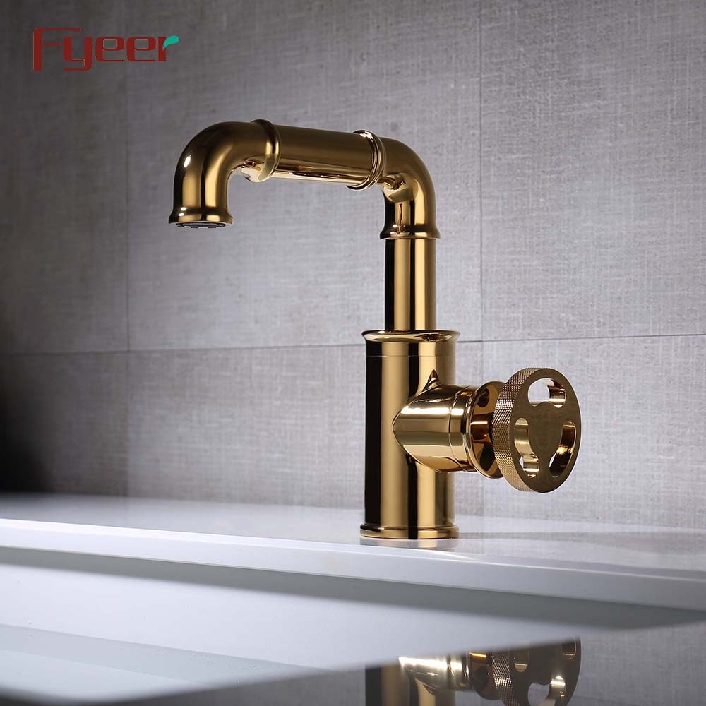 Fyeer Industrial Style Round Wheel Handle Gold Plated Basin Faucet