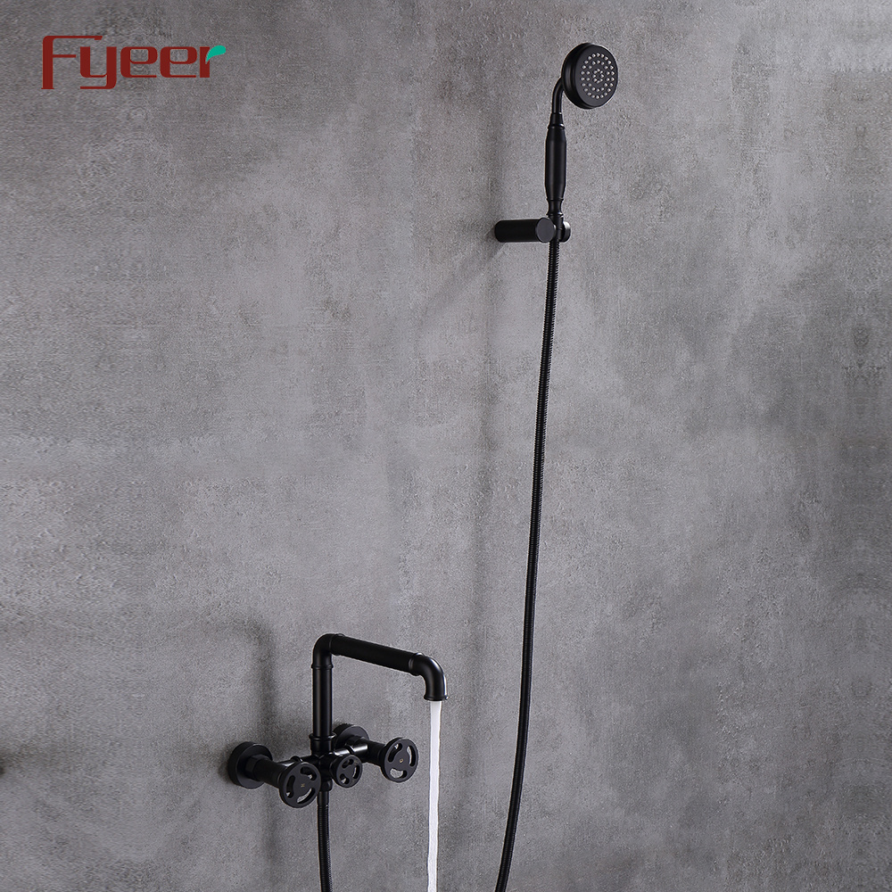 Fyeer Double Handle Black Wall Mounted Bathtub Faucet with Hand Shower