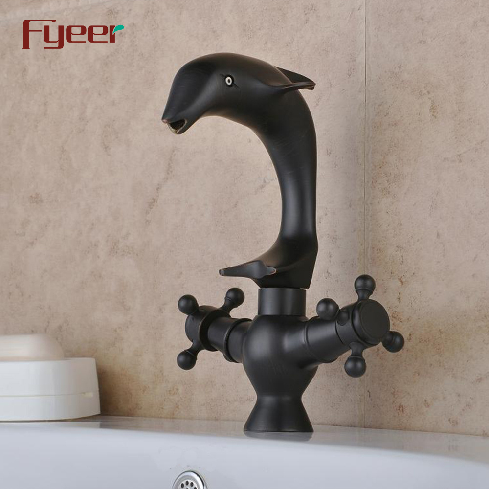 Fyeer Dual Cross Handle Dolphin Shape Bathroom Black Basin Dolphin Faucet