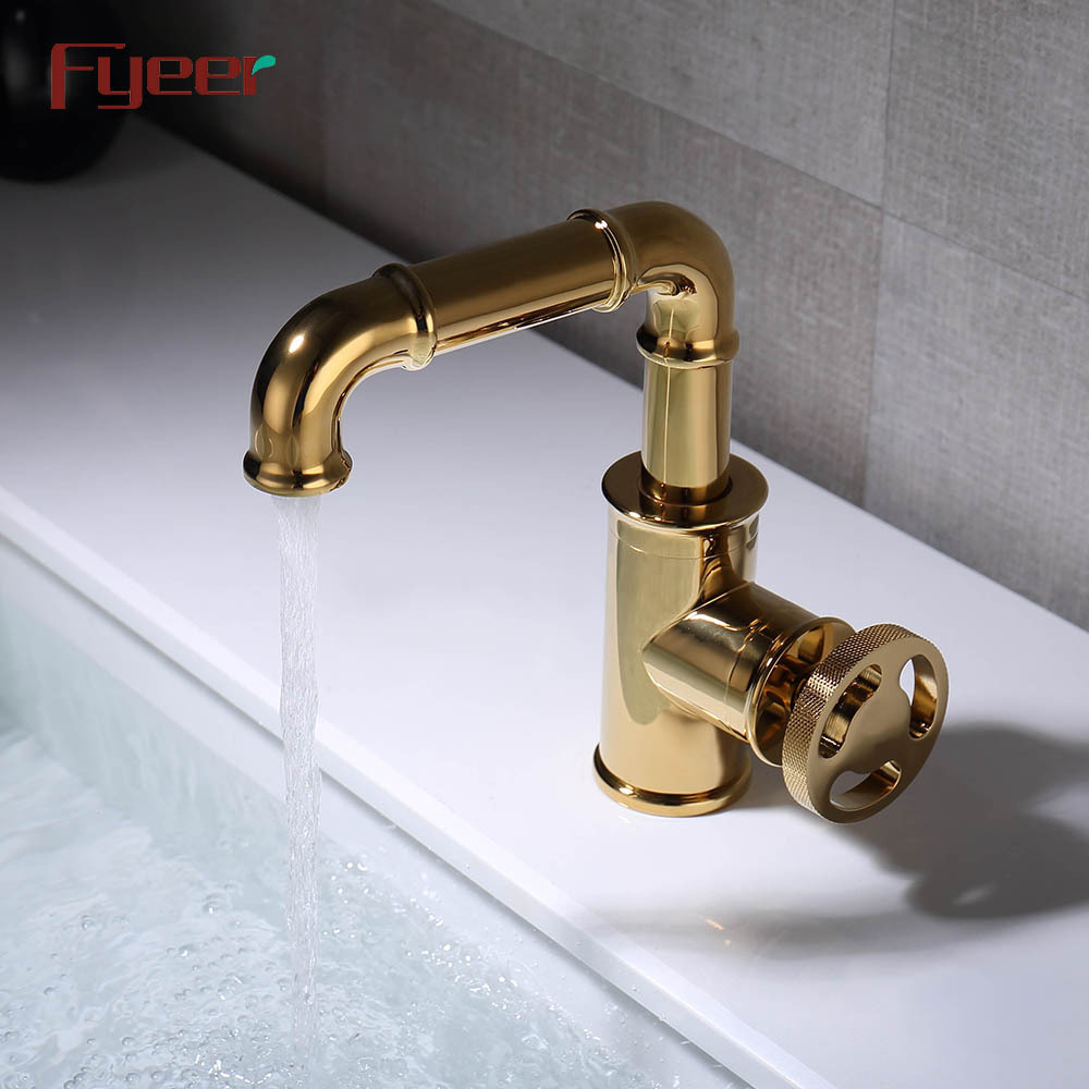 Fyeer Industrial Style Round Wheel Handle Gold Plated Basin Faucet