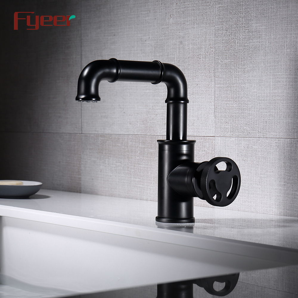 Fyeer Industrial Style Round Wheel Handle Solid Brass Basin Faucet in Black