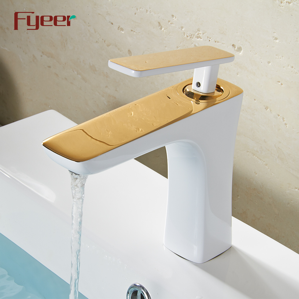 Fyeer White Painted Gold Spout Bathroom Basin Water Faucet