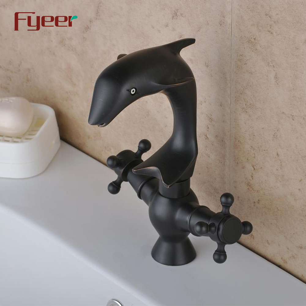 Fyeer Dual Cross Handle Dolphin Shape Bathroom Black Basin Dolphin Faucet