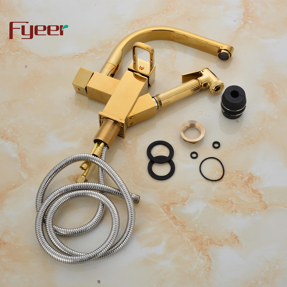 Fyeer New Golden Double Spray Pull Out Kitchen Faucet with Pre Rinse Spray