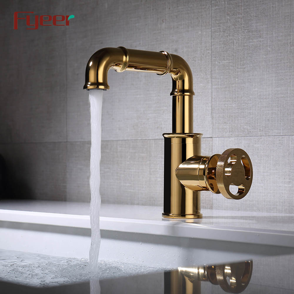 Fyeer Industrial Style Round Wheel Handle Gold Plated Basin Faucet