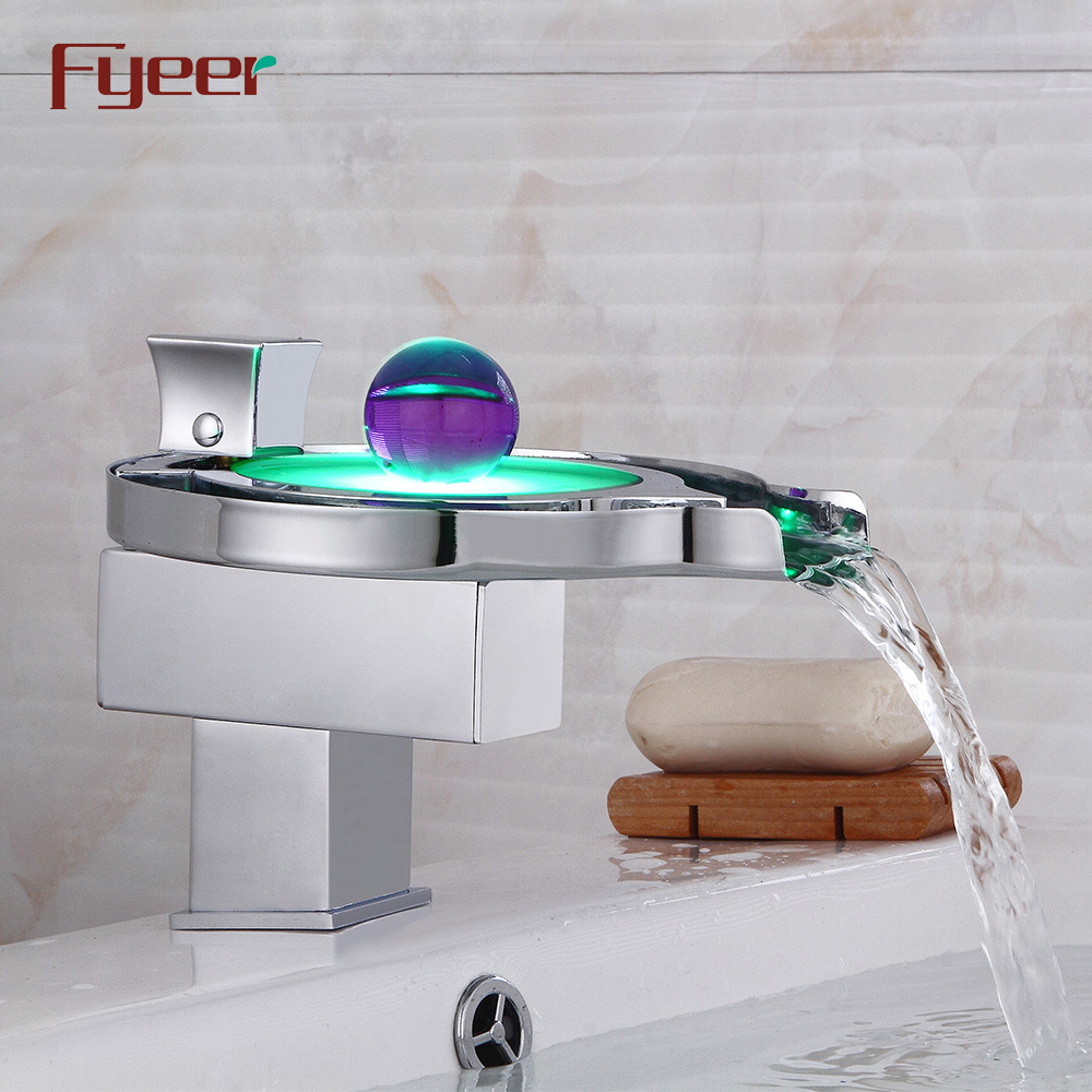 Fyeer Hot Sale Modern 3 Color Led Faucet Hydro Power Waterfall Solid Brass Basin Faucet