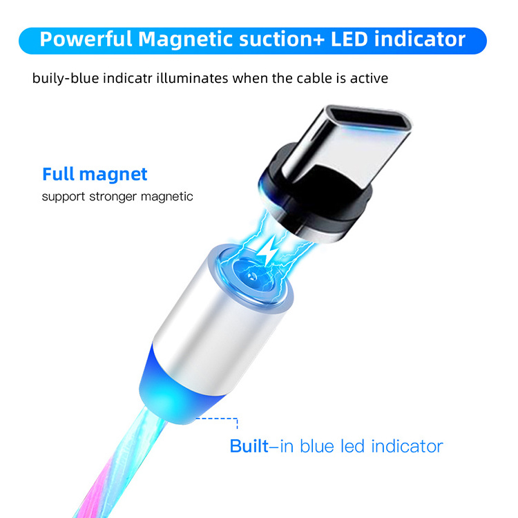 3 in 1 Magnetic Glowing Light 2.1 A Fast Charging for Phone Micro USB Type C LED Luminous Charging Cable