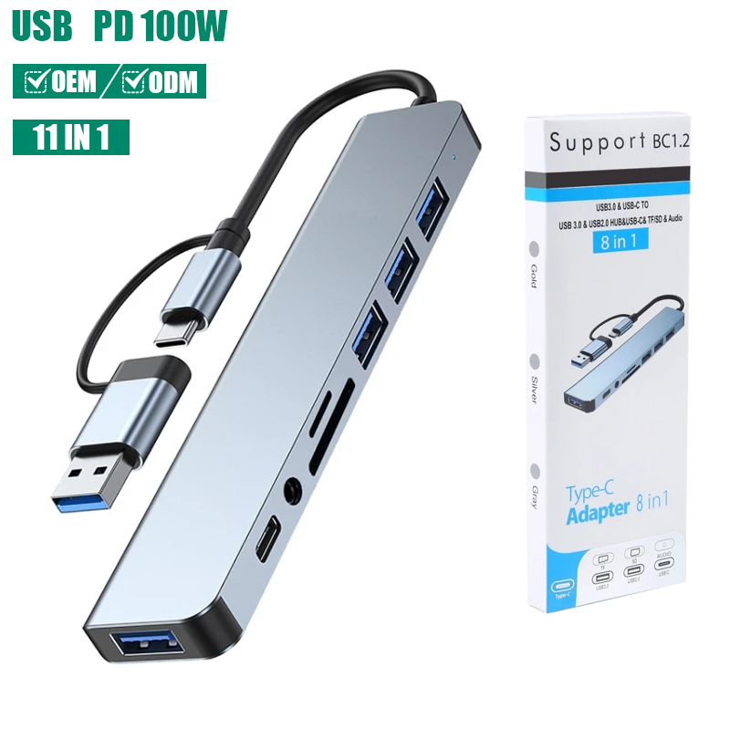 OEM ODM USB c Hub 8 in 1 Data USB 3.0 Por Hub Aluminium Docking Station USB Hubs for Laptop and Phone