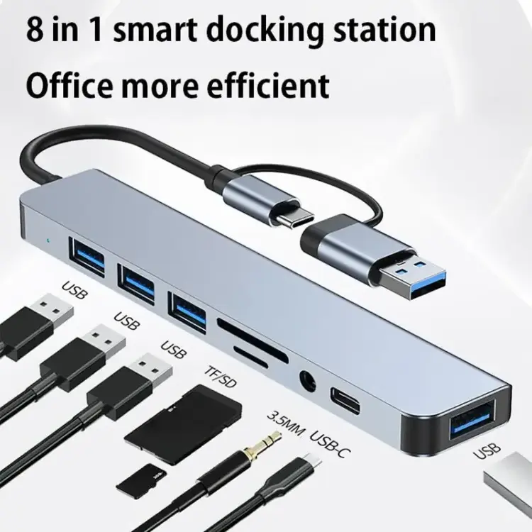 OEM ODM USB c Hub 8 in 1 Data USB 3.0 Por Hub Aluminium Docking Station USB Hubs for Laptop and Phone