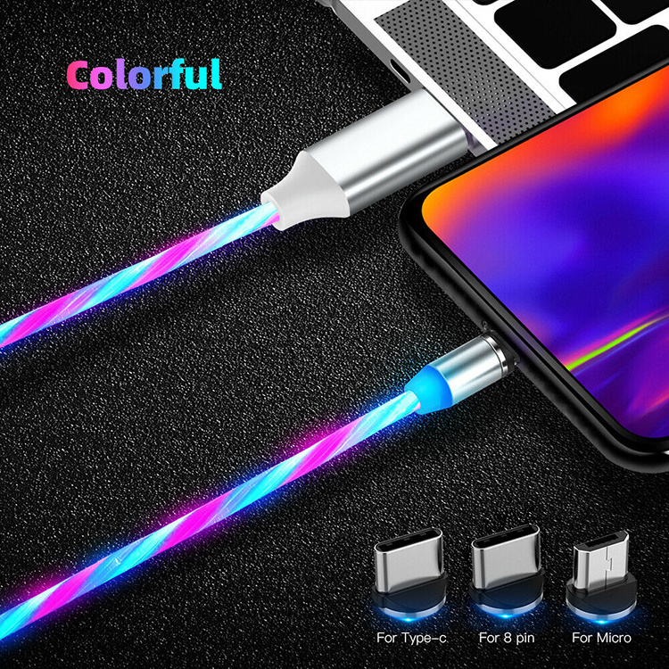 3 in 1 Magnetic Glowing Light 2.1 A Fast Charging for Phone Micro USB Type C LED Luminous Charging Cable