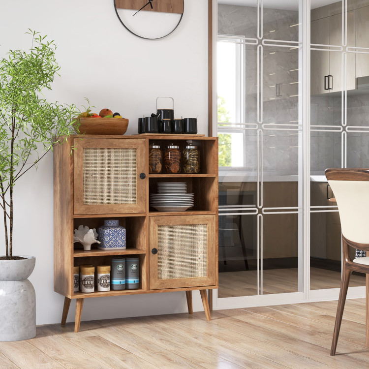 Industrial Price Mid-Century Modern Furniture Oak Wood Rattan Buffet Cabinet with 2 Doors and 2 Cubbies