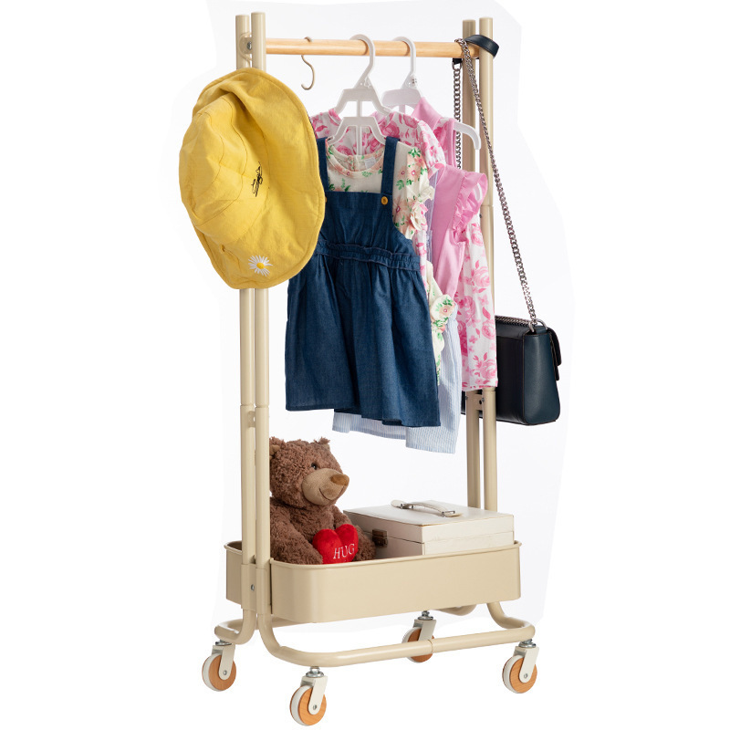 Factory Price Kids Clothes Hanging Rack with Storage Basket Metal Organizer Coat Rack Stand with Wheels