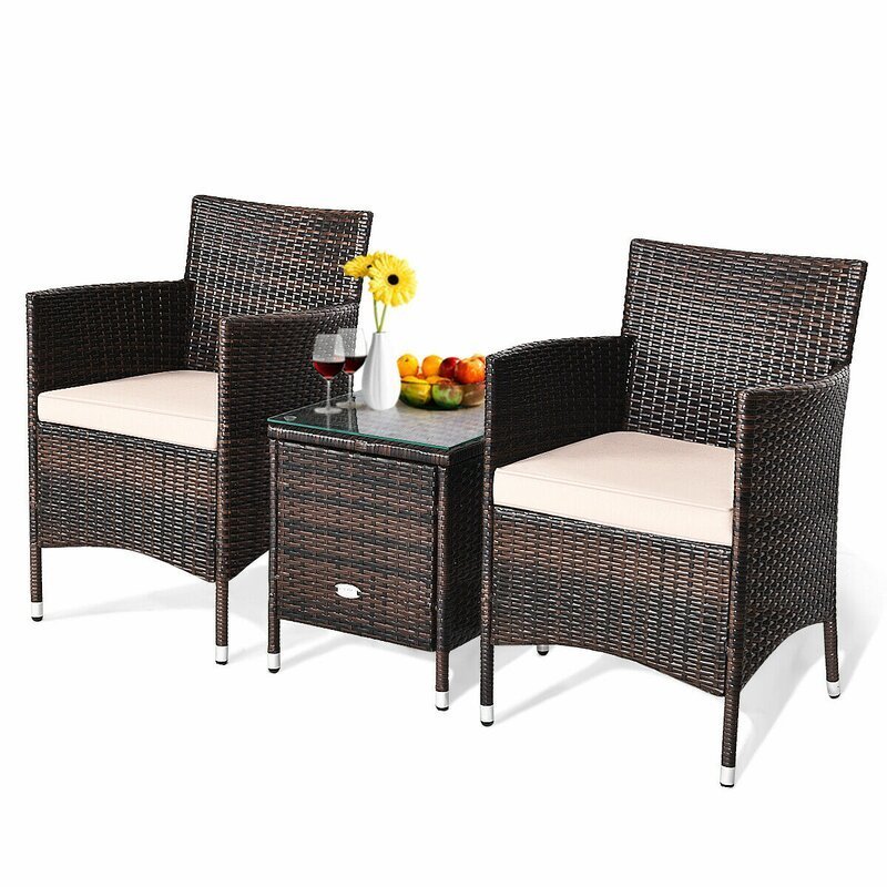 Outdoor Furniture 3 Pieces Conversation Set Wicker Rattan Chairs With Table For Garden Patio Bistro Balcony