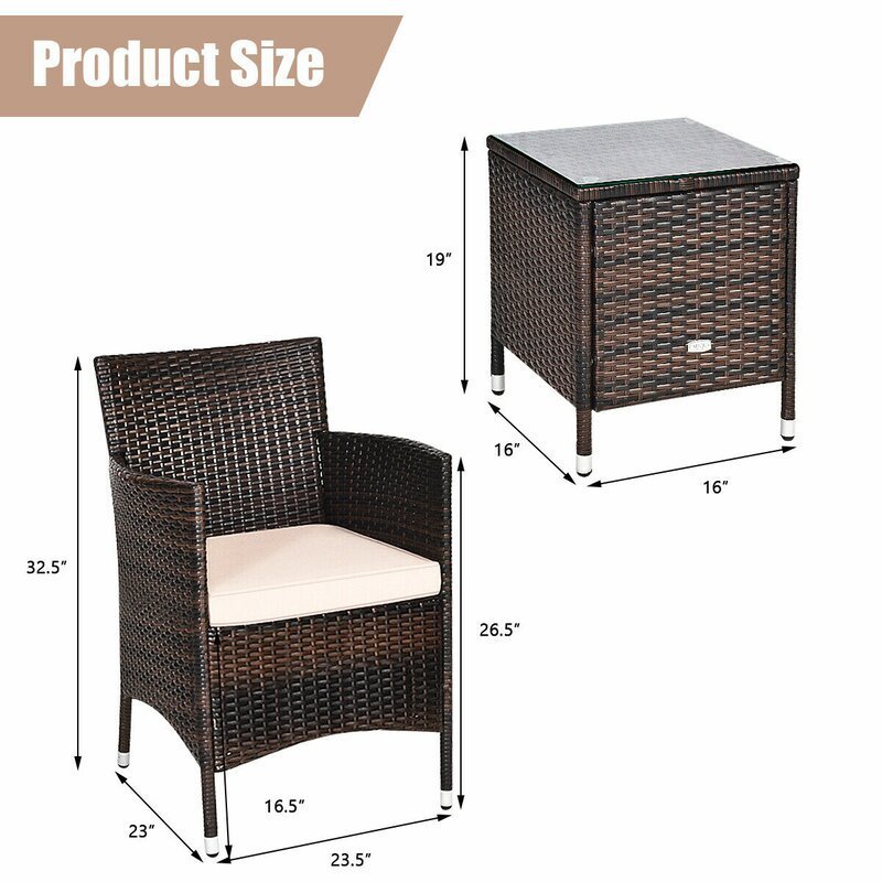 Outdoor Furniture 3 Pieces Conversation Set Wicker Rattan Chairs With Table For Garden Patio Bistro Balcony