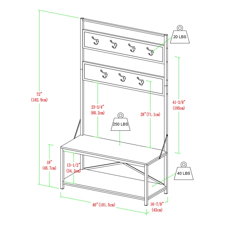 Entryway Living Room Clothes Coat Rack Stand Metal Wooden Hall Tree with 2 Tier Shoe Storage and Bench