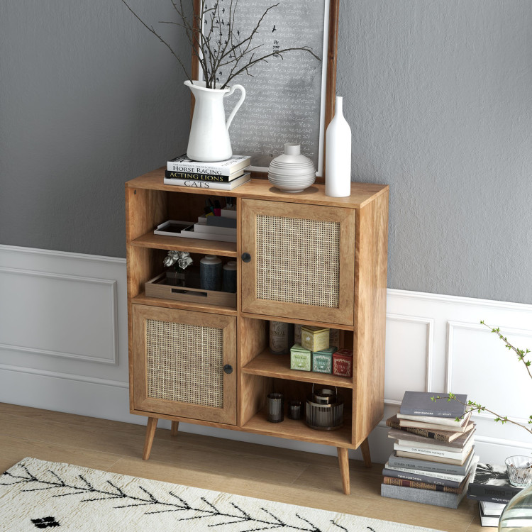 Industrial Price Mid-Century Modern Furniture Oak Wood Rattan Buffet Cabinet with 2 Doors and 2 Cubbies