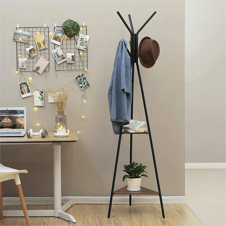 Living Room Entryway Free Standing Metal Wood Tree Coat Rack with 2 Tier Shelf 6 Hook for Clothes Hat Bag