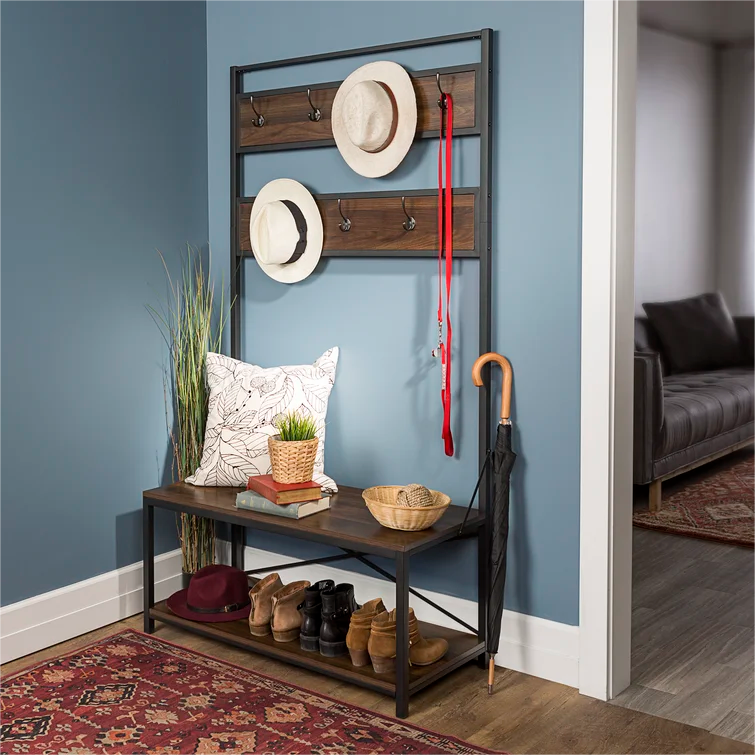 Rustic Coat Rack Stand with Clothes Hooks Metal Frame MDF Wooden Hall Tree with Bench and Shoe Storage