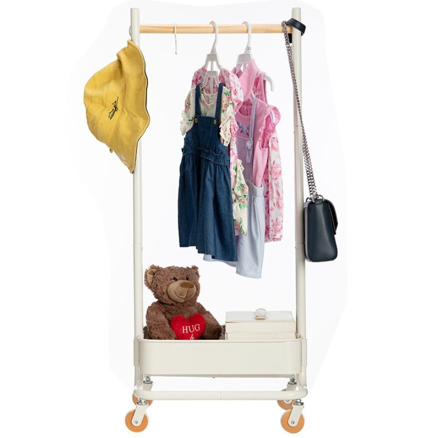 Factory Price Kids Clothes Hanging Rack with Storage Basket Metal Organizer Coat Rack Stand with Wheels