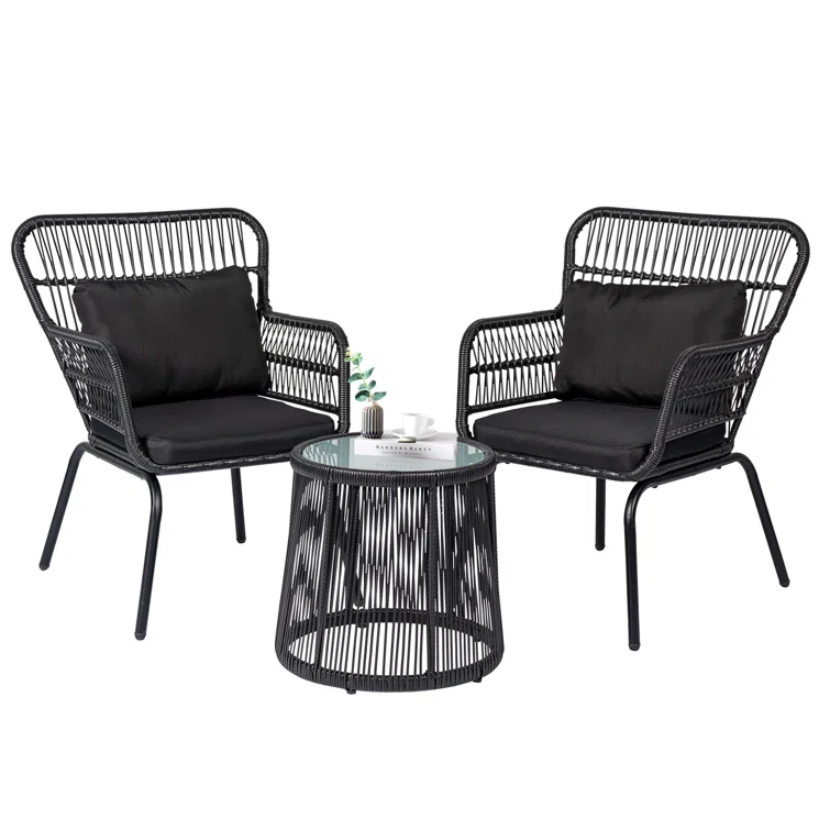 Factory Wholesale Nordic Rustic Outdoor Furniture 3 Pieces Wicker Table and Chair Set Seating Group with Cushions