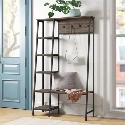 Industrial Rustic Entryway Hall Tree Clothes Storage Metal Wood Coat Rack with Bench 5 Tier Shelves 4 Hooks