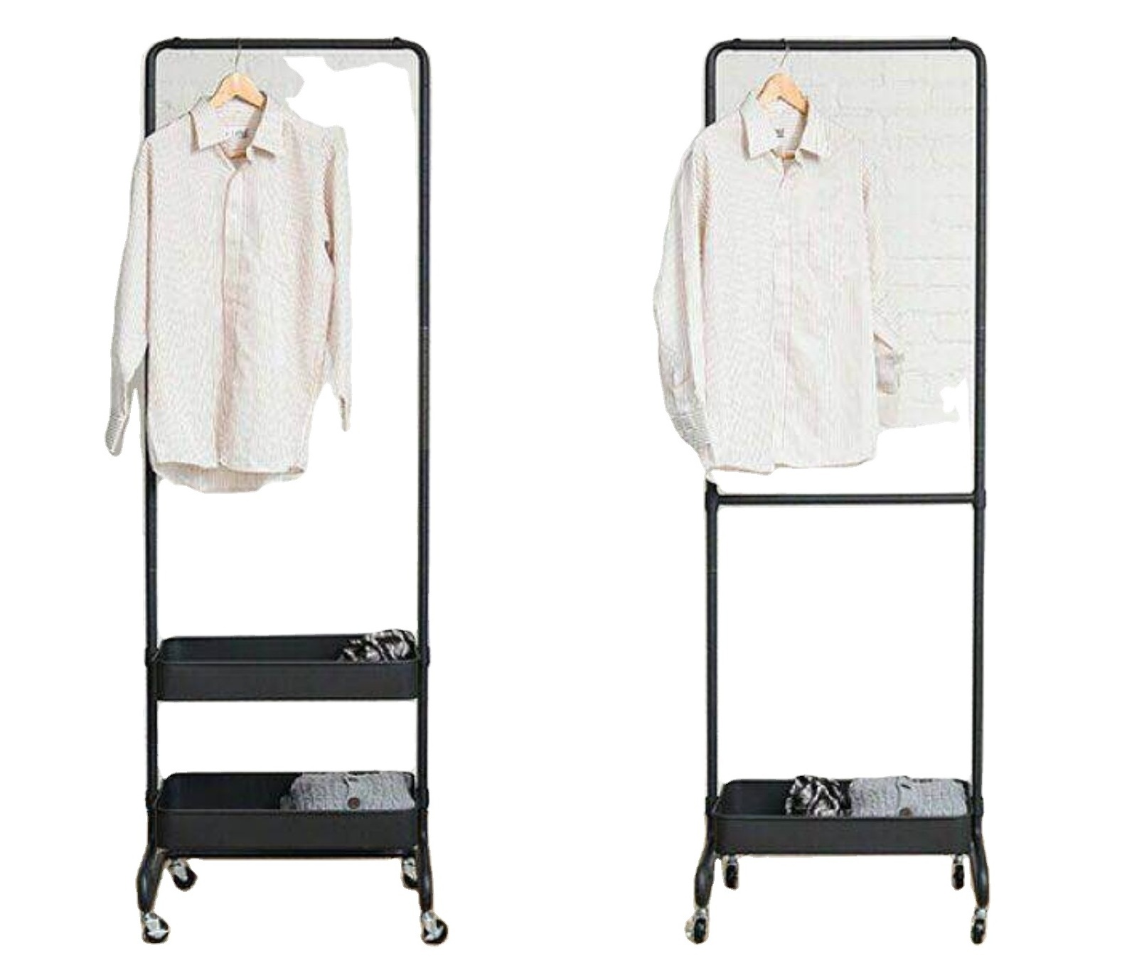 Clothes Hanging Rack with 2 Tier Storage Basket Metal Rolling Coat Rack Stand on Wheels appendiabiti