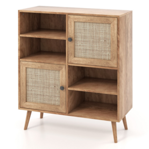 Industrial Price Mid-Century Modern Furniture Oak Wood Rattan Buffet Cabinet with 2 Doors and 2 Cubbies