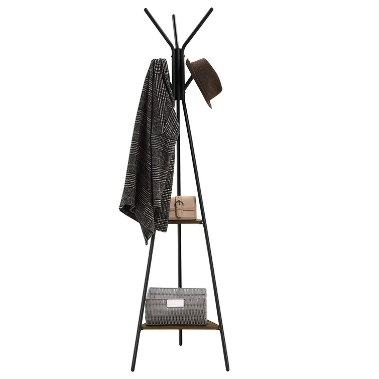 Living Room Entryway Free Standing Metal Wood Tree Coat Rack with 2 Tier Shelf 6 Hook for Clothes Hat Bag