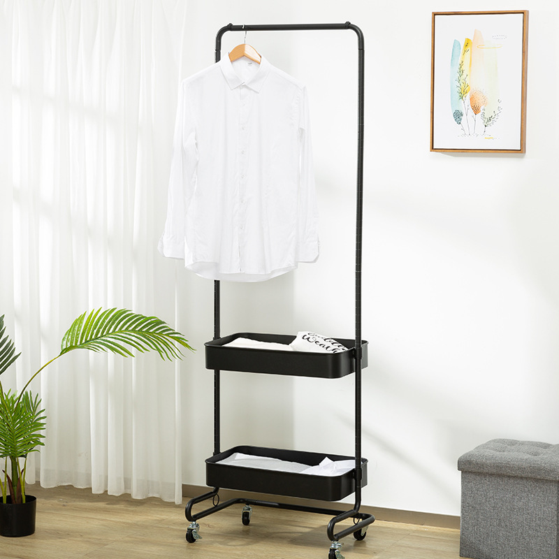 Clothes Hanging Rack with 2 Tier Storage Basket Metal Rolling Coat Rack Stand on Wheels appendiabiti