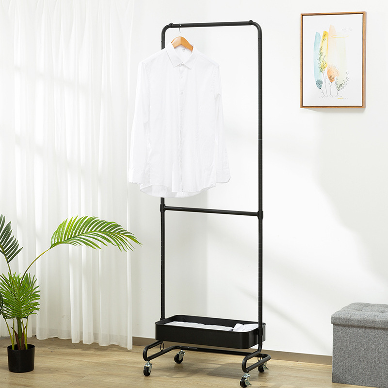 Clothes Hanging Rack with 2 Tier Storage Basket Metal Rolling Coat Rack Stand on Wheels appendiabiti