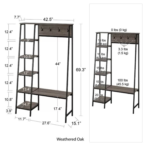 Industrial Rustic Entryway Hall Tree Clothes Storage Metal Wood Coat Rack with Bench 5 Tier Shelves 4 Hooks