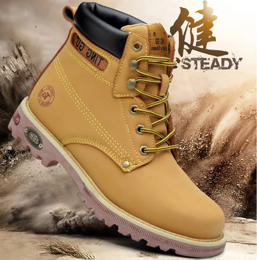 Hot selling fashion fiber leather puncture proof slip proof yellow cowhide half height  boots durable safety shoes